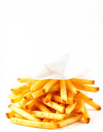 Golden French fries potatoes on white background with copy space for text.