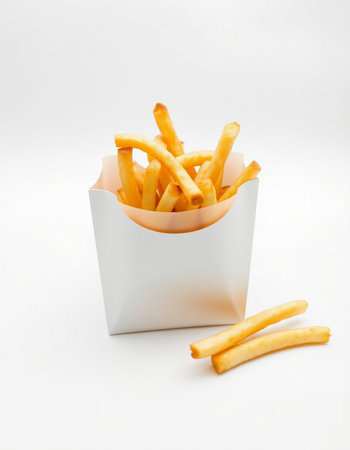 French fries in a paper box on a white background. Fast food.