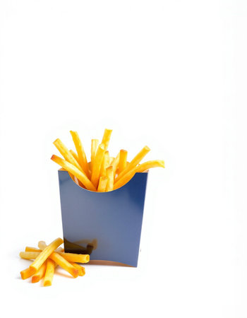 French fries in a blue box on a white background. Isolatedの写真素材