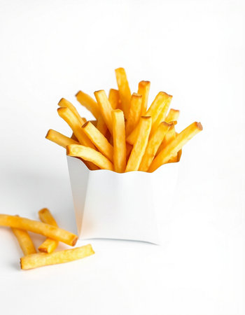 French fries in a paper box on a white background. Selective focus.