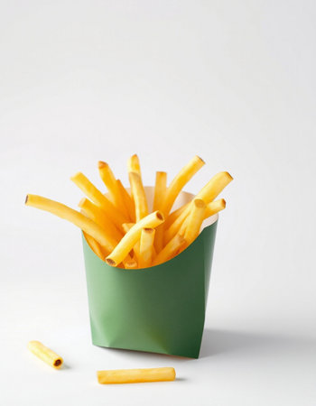 French fries in a green box on a white background. Fast food.の写真素材