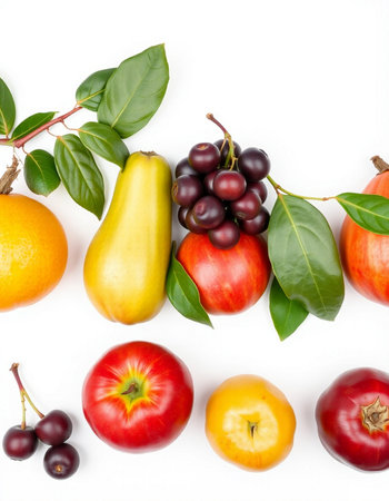 Fruits and vegetables isolated on white background. Top view. Flat lay.
