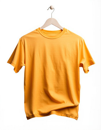 Yellow t-shirt on a hanger isolated on white background.の写真素材