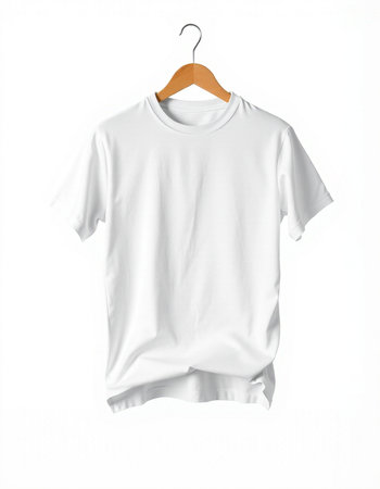 White t-shirt on wooden hanger isolated on white background.