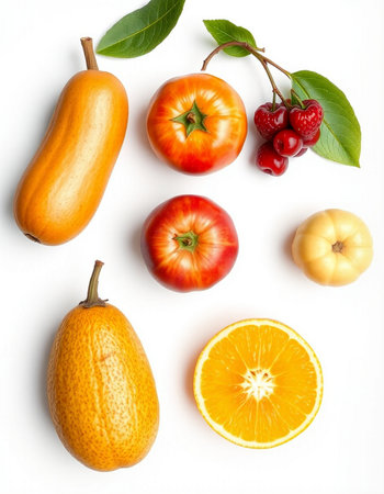 Fruits and vegetables isolated on white background. Flat lay, top viewの写真素材