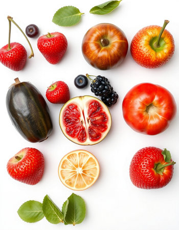 Fresh fruits and berries isolated on white background. Flat lay, top viewの写真素材