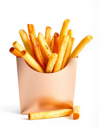 French fries in a paper box on a white background. Isolated