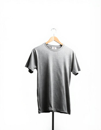 Grey t-shirt on a hanger on a white background.の写真素材