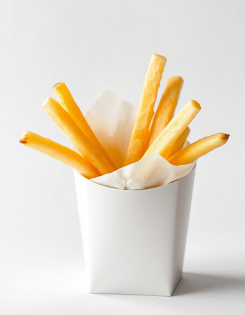 French fries in a paper box on a white background, close upの写真素材