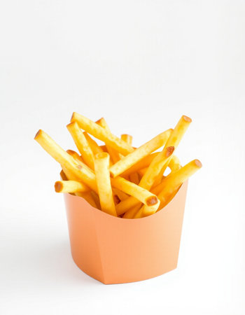 French fries in paper box on white background. Selective focus.の写真素材
