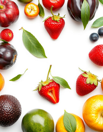 Fruits and berries isolated on white background. Flat lay, top view