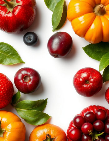 Autumn fruits and vegetables on white background. Flat lay, top viewの写真素材