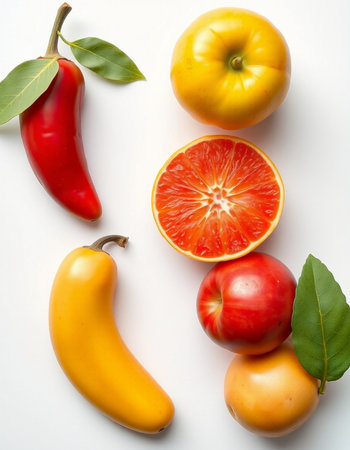 Red and yellow peppers, lemons and oranges on a white backgroundの写真素材