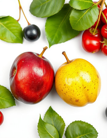 pear and cherry on a white background.