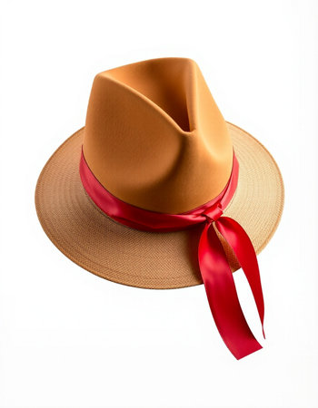 Beach hat with red ribbon isolated on white background with clipping pathの写真素材