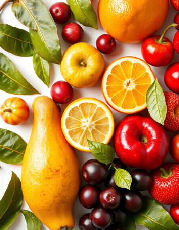 Fruits and vegetables on white background. Healthy food. Top view.の写真素材