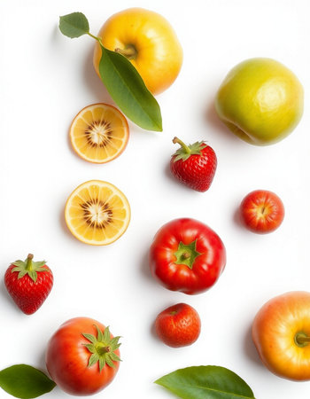 Fruits and vegetables on a white background. Flat lay, top view