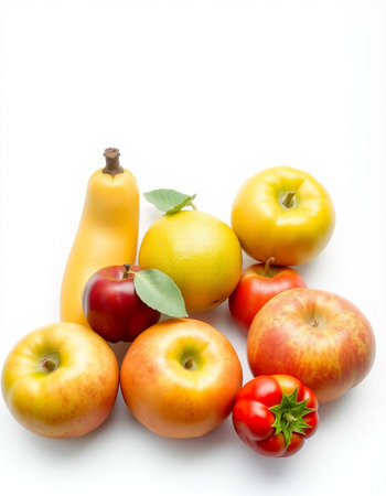 Fresh fruits and vegetables isolated on a white background. Healthy food.の写真素材