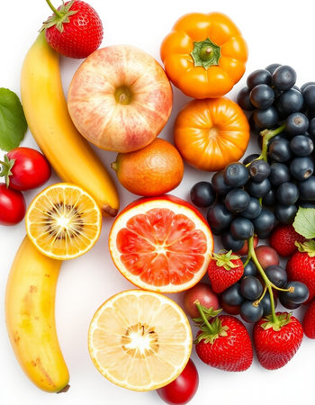 Fruits and vegetables isolated on a white background. Top view.の写真素材