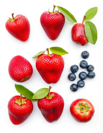Strawberries, blueberries and strawberries on a white background.の写真素材