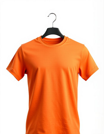Orange t-shirt on hanger isolated on white background with clipping pathの写真素材