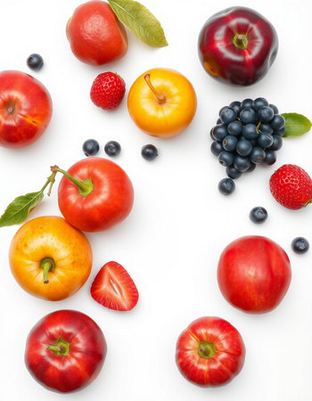 Fruits and berries on a white background. Flat lay, top viewの写真素材
