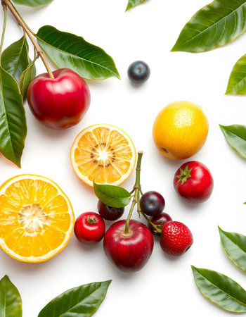 Fruits and berries on white background. Flat lay, top view