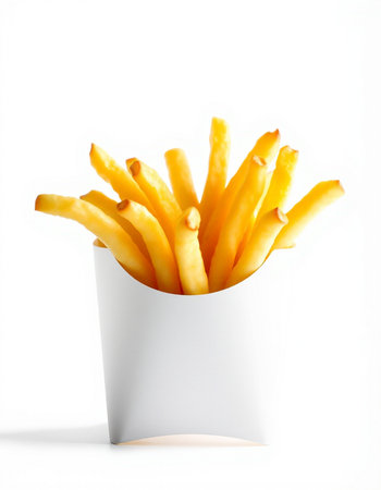 French fries in a white box on a white background. Isolated