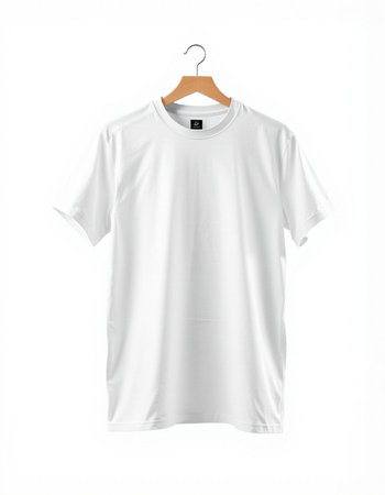 White t-shirt on wooden hanger isolated on white background.