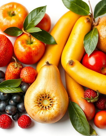 Fresh fruits and berries isolated on white background. Healthy food concept.
