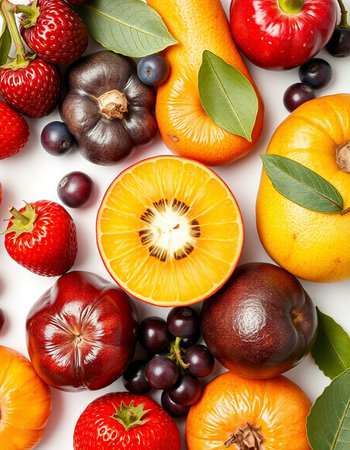 Fresh fruits isolated on white background. Top view. Flat lay.の写真素材