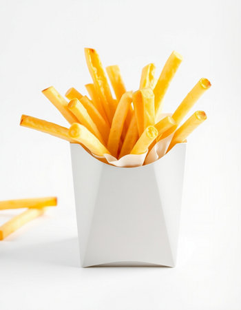 French fries in a paper box on a white background, close-up