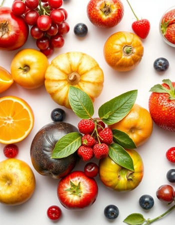 Fruits and berries on a white background. Flat lay, top viewの写真素材