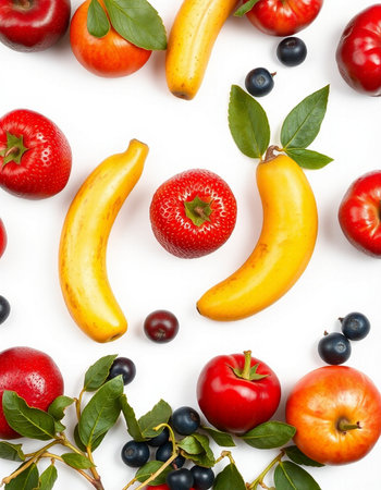 Fruits and berries isolated on white background. Flat lay, top viewの写真素材