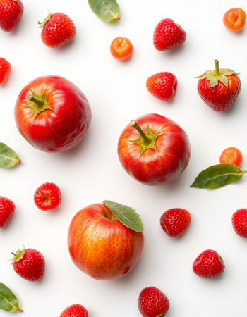 Composition with fresh ripe strawberries and apples on white background, top viewの写真素材