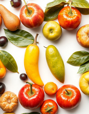 Fruits and vegetables on a white background. View from above.の写真素材
