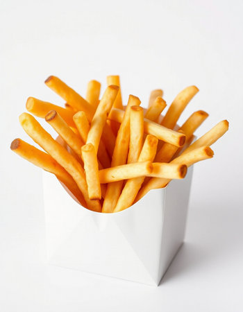 French fries in a white box on a white background, close-up