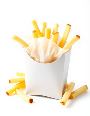 French fries in a paper box on a white background. Isolated