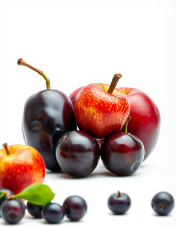 Red apple and black plum isolated on white background with clipping path.の写真素材