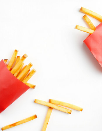 French fries in red paper box on white background. Copy space.