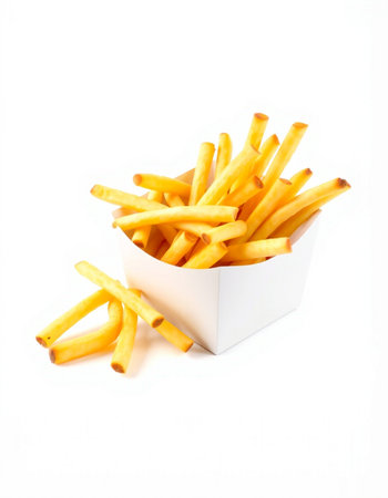 French fries in a white box isolated on white background. Selective focus.