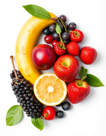 Fresh fruits and berries isolated on white background. Healthy food concept.