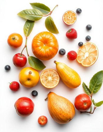 Fruits and berries on a white background. Flat lay, top viewの写真素材
