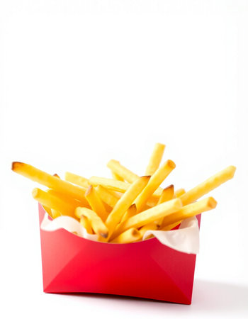 French fries in red box isolated on white background. Selective focus.の写真素材