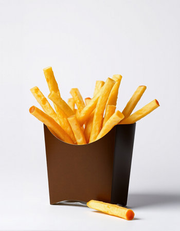French fries in a box on a white background. Fast food.