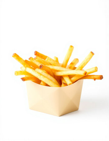 French fries in paper box isolated on white background. Selective focus.