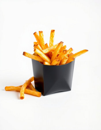 French fries in a black box on a white background. Isolatedの写真素材