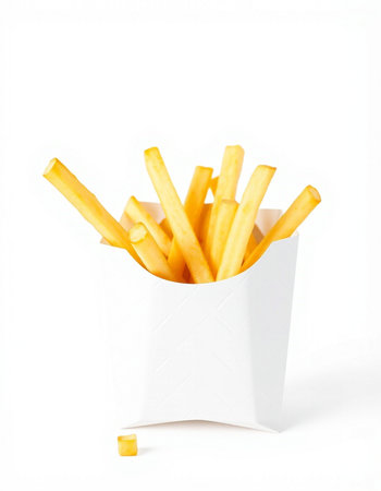 French fries in a white box on a white background. Isolated