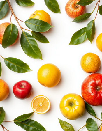 Flat lay composition with different fruits on white background, top view