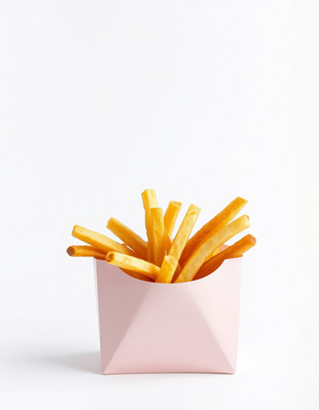 French fries in a pink box on a white background. Fast food.の写真素材